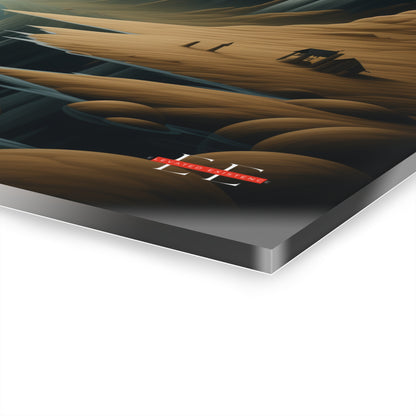 Angled view of an acrylic home decor piece featuring a surreal desert landscape with flowing brown dunes.