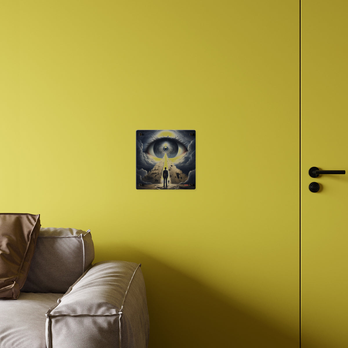 Square acrylic masterpiece featuring an eye and pyramid hanging on a yellow wall above a couch.