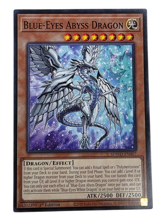 Blue-Eyes Abyss Dragon Yu-Gi-Oh! card showing artwork of a winged white dragon against a starry background.