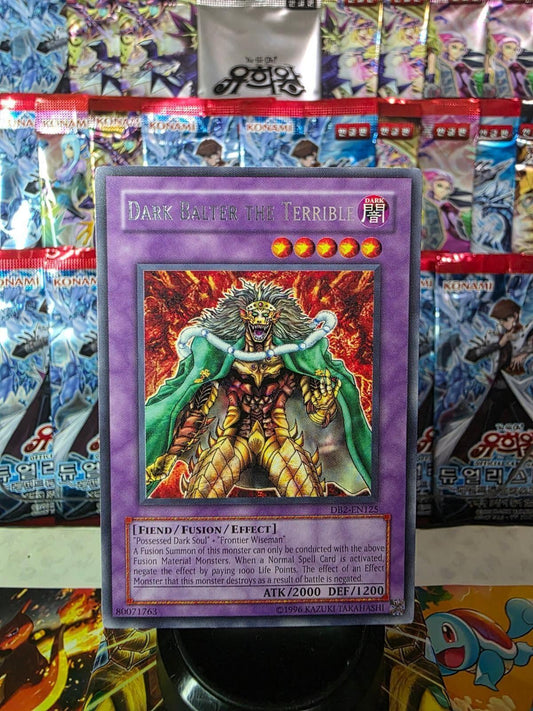 Dark Balter the Terrible Yu-Gi-Oh! card against a background of foil booster packs.