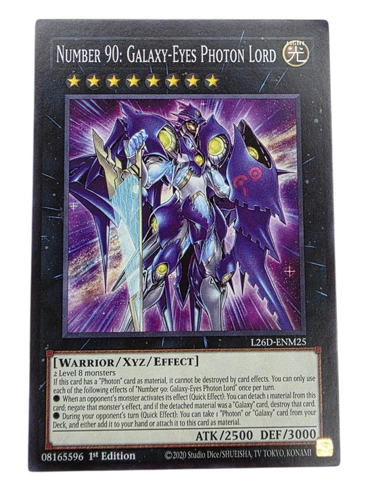 Number 90: Galaxy-Eyes Photon Lord 1st Edition Secret Rare trading card.