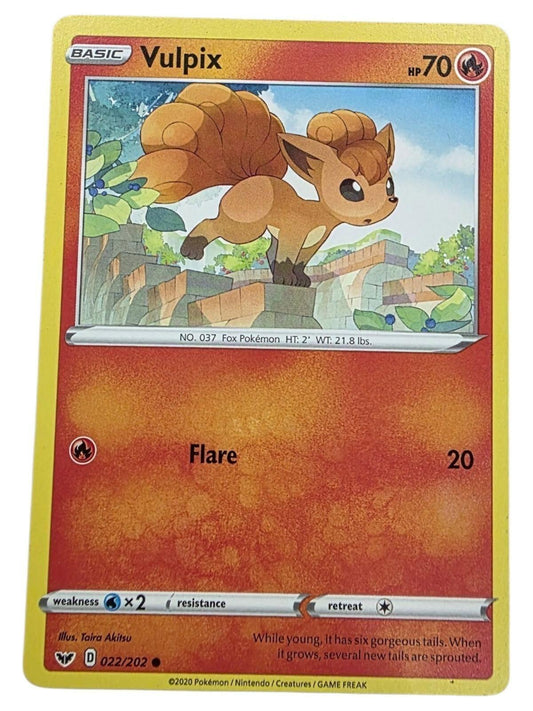 Pokemon Vulpix Common card from the Sword & Shield Base Set featuring the Flare attack.