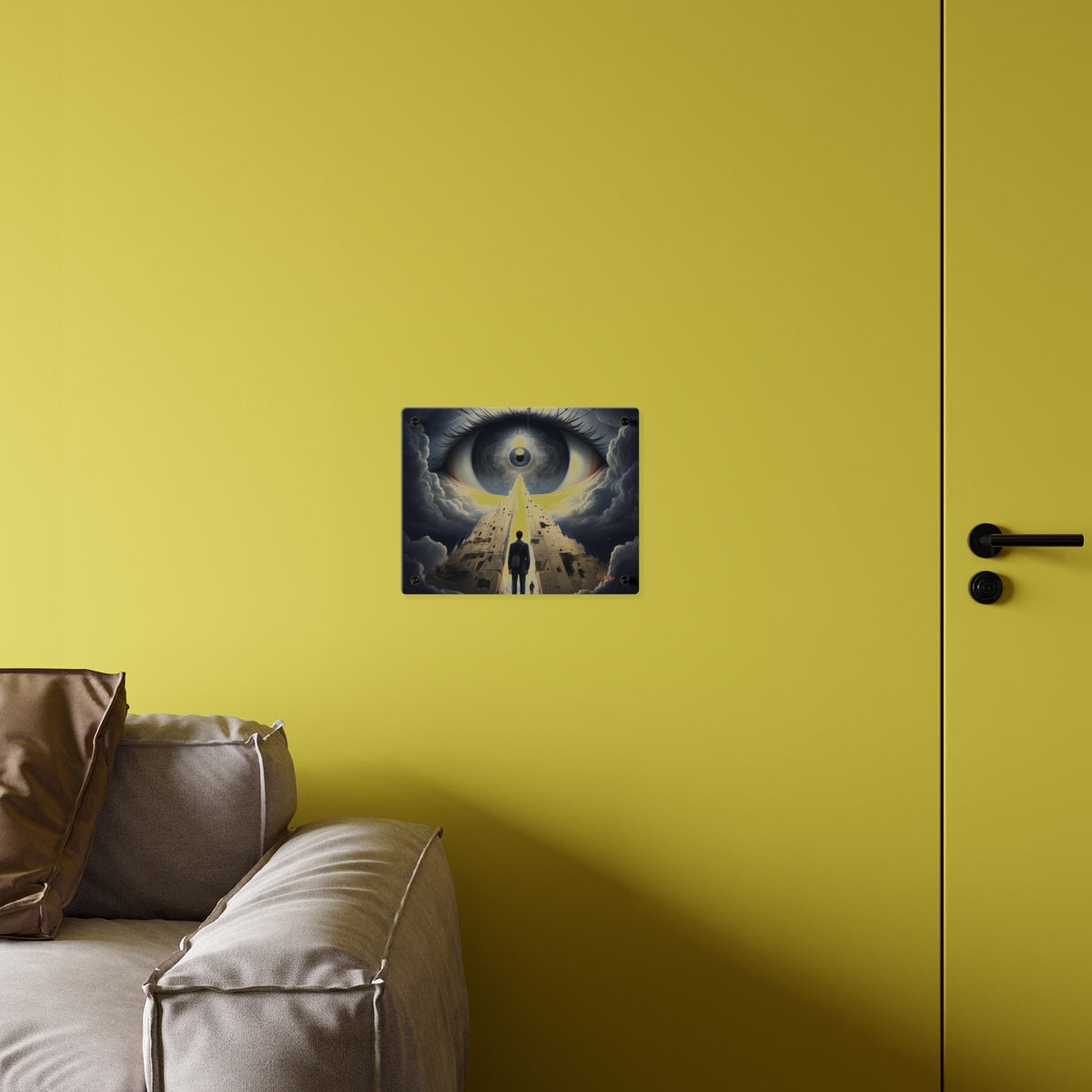 Babylon 2035 acrylic masterpiece hanging on a yellow wall above a sofa.
