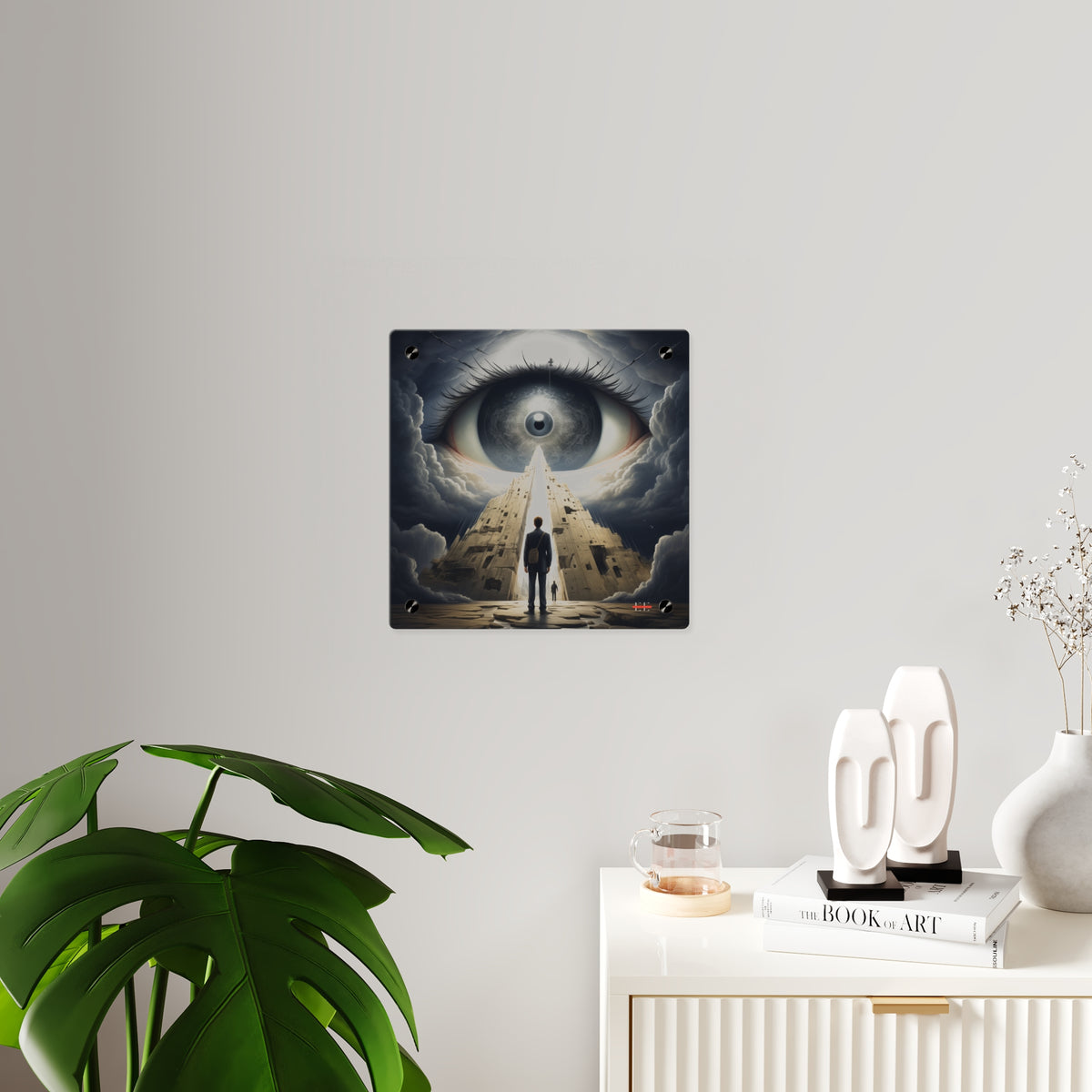 Babylon 2035 acrylic art print featuring a giant eye and towering staircase on a light wall.