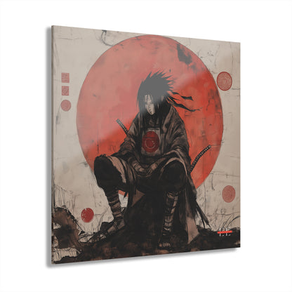 Angled view of an acrylic wall art piece featuring an anime samurai sitting against a red sun.