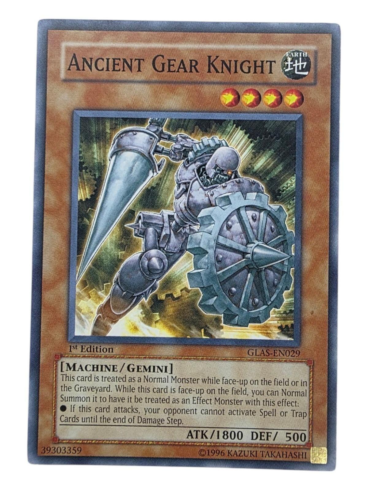 Ancient Gear Knight 1st Edition Yu-Gi-Oh! card showing a mechanical knight with a lance and gear shield.