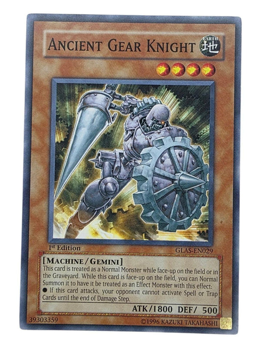 Ancient Gear Knight 1st Edition Yu-Gi-Oh! card showing a mechanical knight with a lance and gear shield.