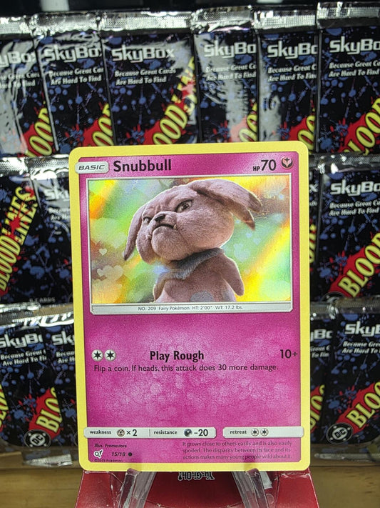 Pink holographic Pokémon Snubbull trading card with a 3D character illustration and Play Rough attack.