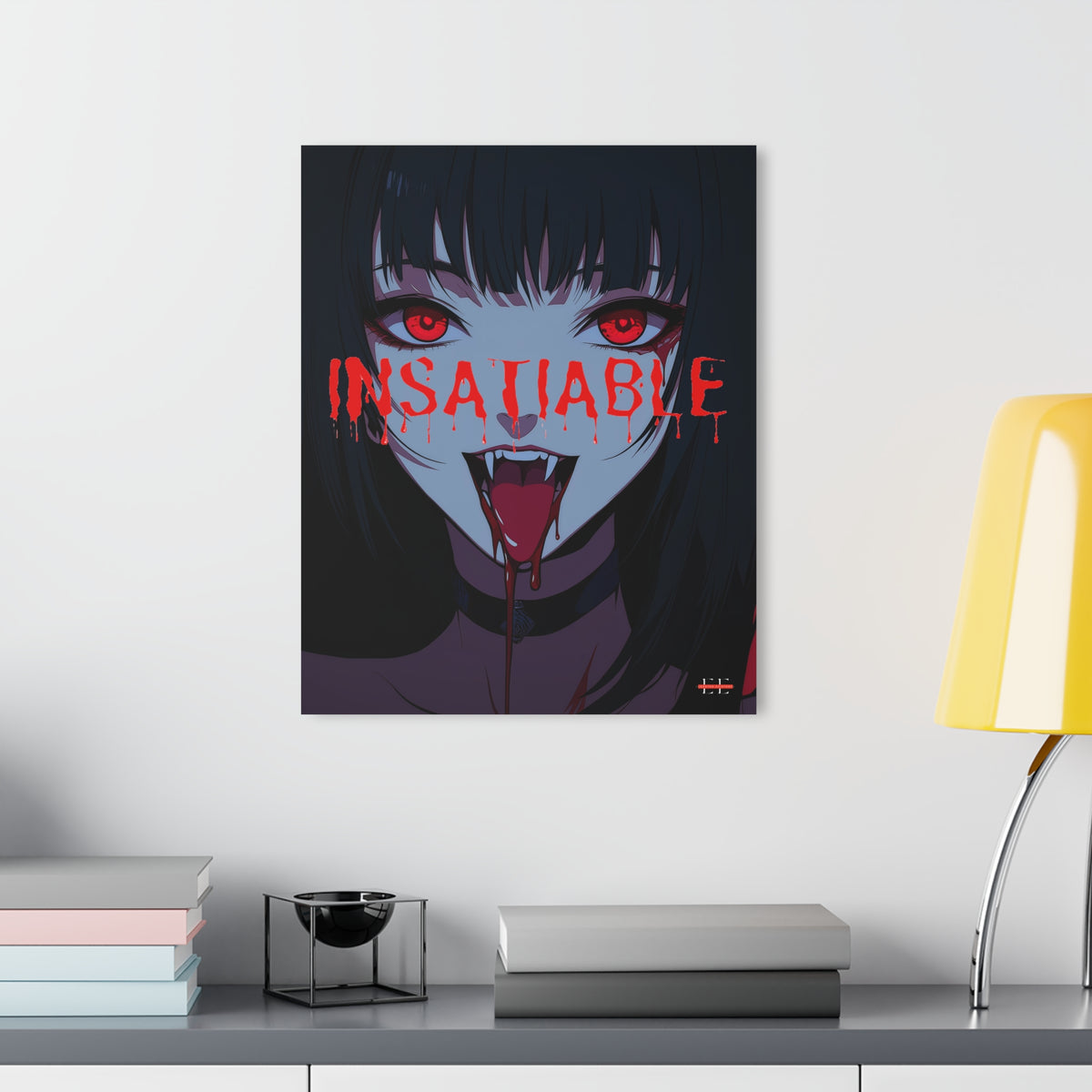 "INSATIABLE" acrylic masterpiece featuring anime-style art of a dark-haired character with glowing red eyes and fangs.