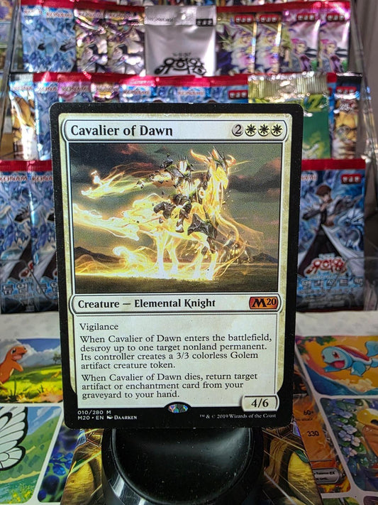 Magic: The Gathering Cavalier of Dawn foil card with glowing knight artwork.