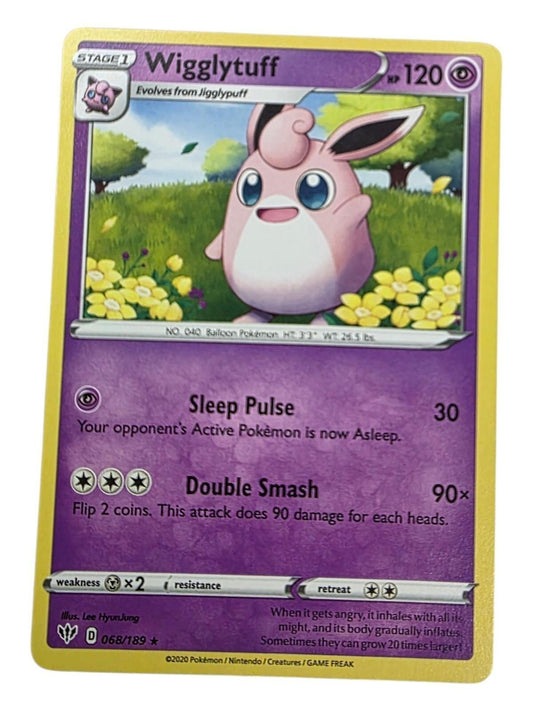 Wigglytuff 068/189 Pokémon card from Darkness Ablaze featuring Sleep Pulse and Double Smash attacks.