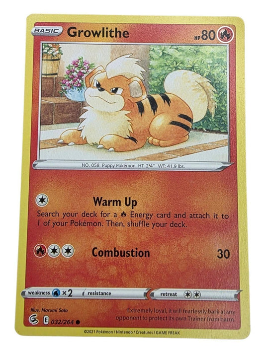 Growlithe 032/264 Pokémon card from SWSH Fusion Strike, showing the orange puppy Pokémon lying down.