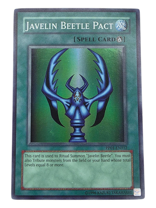 Javelin Beetle Pact Yu-Gi-Oh! spell card featuring blue ritual artwork on a green background.