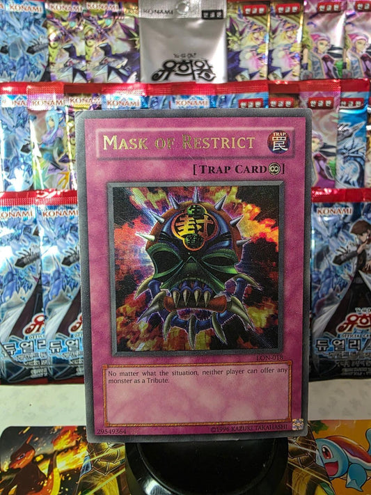 Mask of Restrict Ultra Rare trap card from Labyrinth of Nightmare with foil artwork.