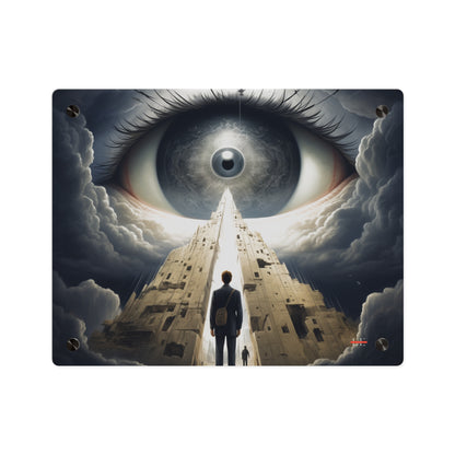 Glossy rectangular acrylic wall art featuring a giant eye and towering futuristic ruins under clouds.