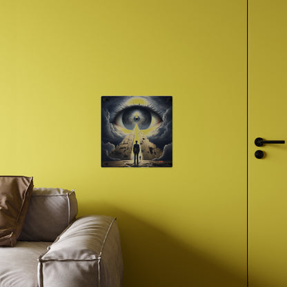 Babylon 2035 acrylic art print mounted on a yellow wall above a grey sofa.