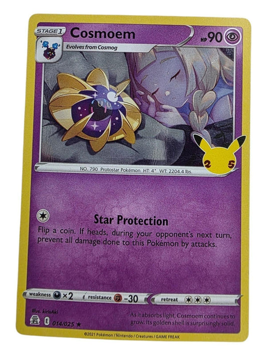 Cosmoem Holo Rare Celebrations 014/025 Pokémon card showing Cosmoem next to a sleeping character.