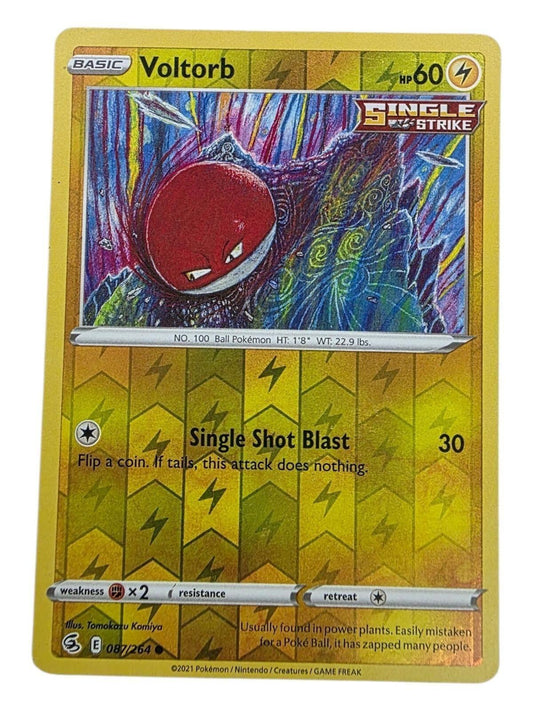 Voltorb 087/264 Pokémon card from Fusion Strike, featuring a red Voltorb against a colorful illustrated background.