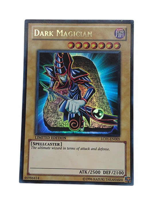 Dark Magician Limited Edition Ultra Rare Yu-Gi-Oh! card LC01-EN005 with holographic foil art.