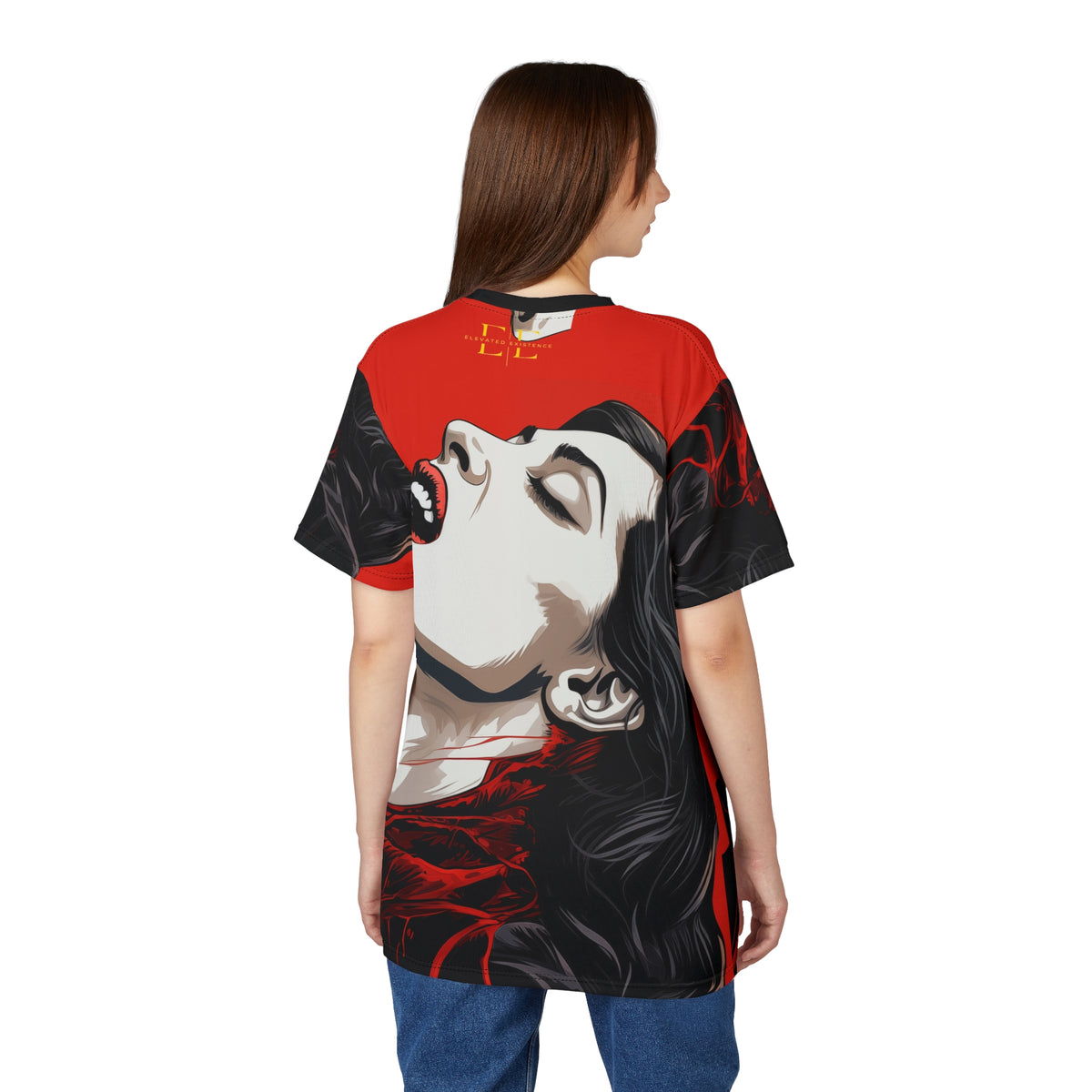 Back view of a woman wearing an all-over print t-shirt featuring a stylized graphic of a woman's face.