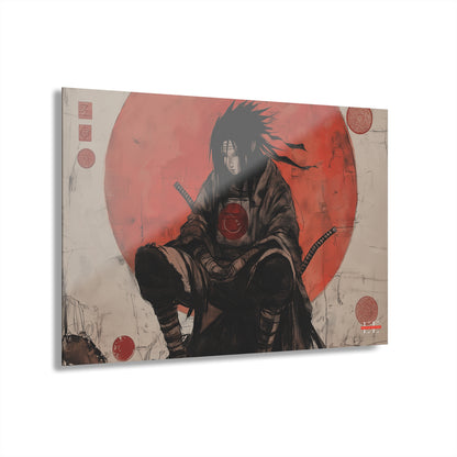 Angled view of an acrylic wall art piece featuring an anime character sitting before a large red sun.