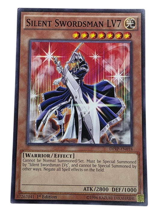 Silent Swordsman LV7 1st Edition trading card featuring a warrior in a blue coat holding a large sword.