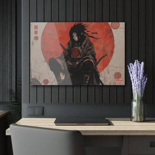 Ghost of the Uchiha acrylic wall art hanging above a desk with a laptop and lavender vase.