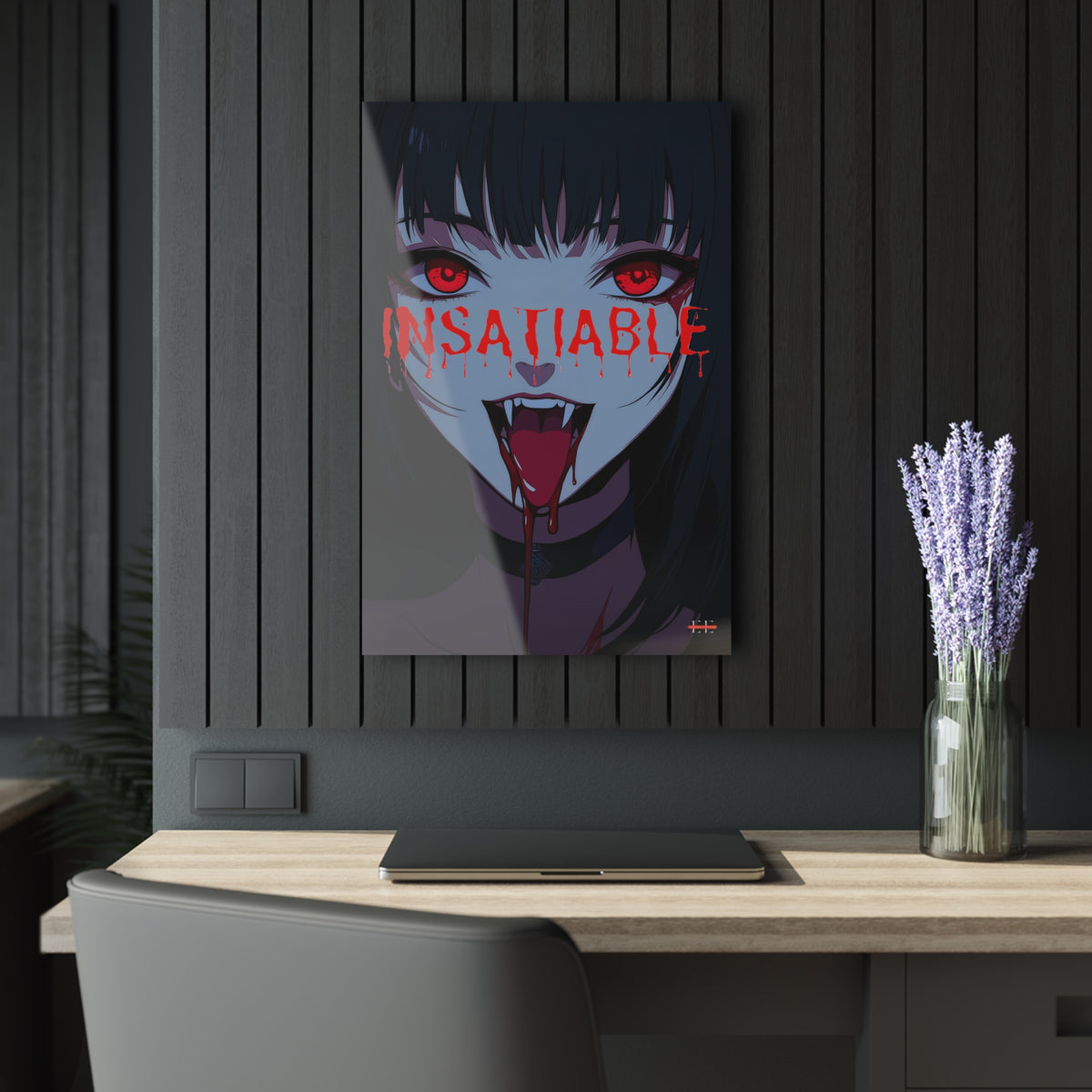 "INSATIABLE" glossy acrylic art print featuring an anime vampire woman with red eyes and fangs.