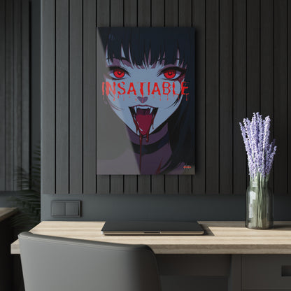 "INSATIABLE" glossy acrylic art print featuring an anime vampire woman with red eyes and fangs.