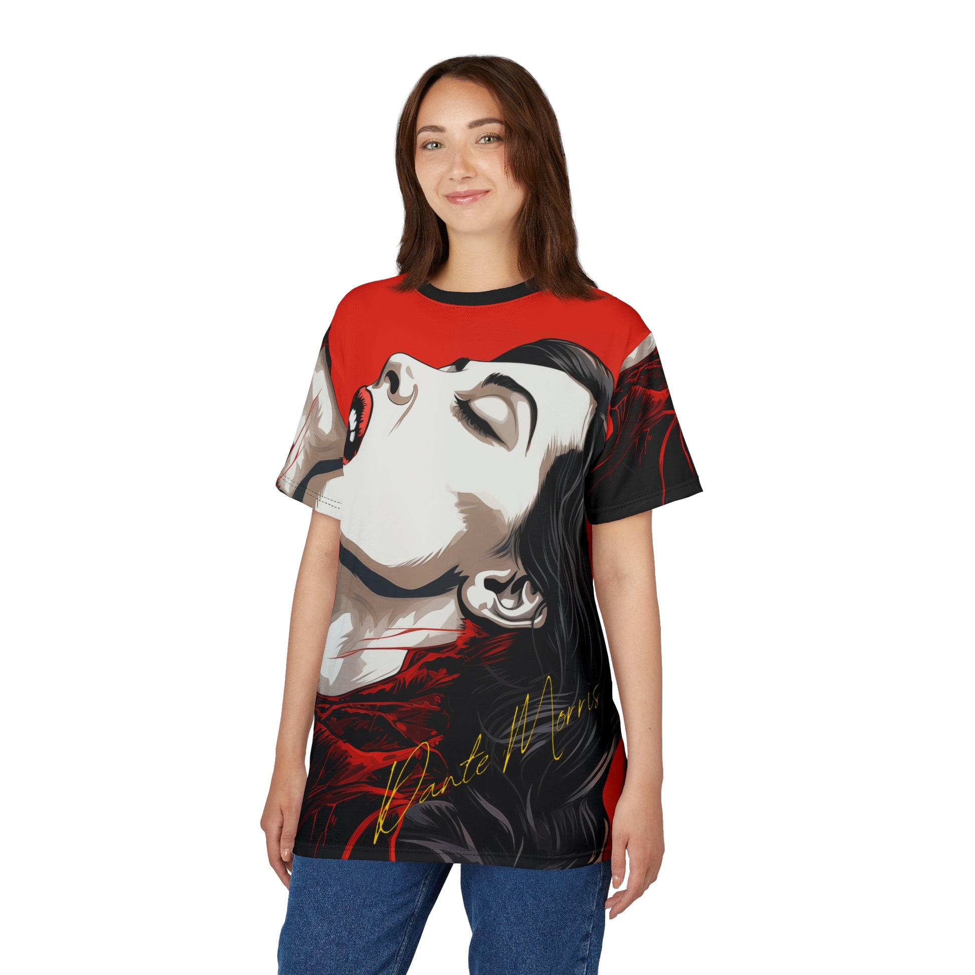 A woman wearing an all-over print t-shirt featuring a stylized graphic of a person's face against a red background.