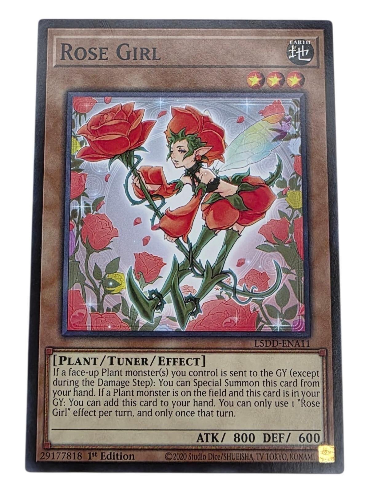 Rose Girl Yu-Gi-Oh! card showing a winged fairy character surrounded by red roses.