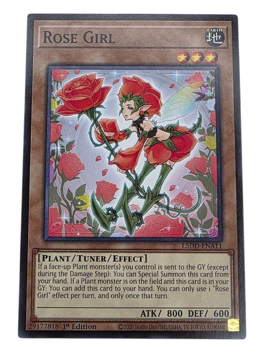 Rose Girl Yu-Gi-Oh! card showing a winged fairy character surrounded by red roses.