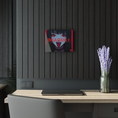 "INSATIABLE" acrylic art featuring an anime girl with red eyes and fangs on a dark slat wall.