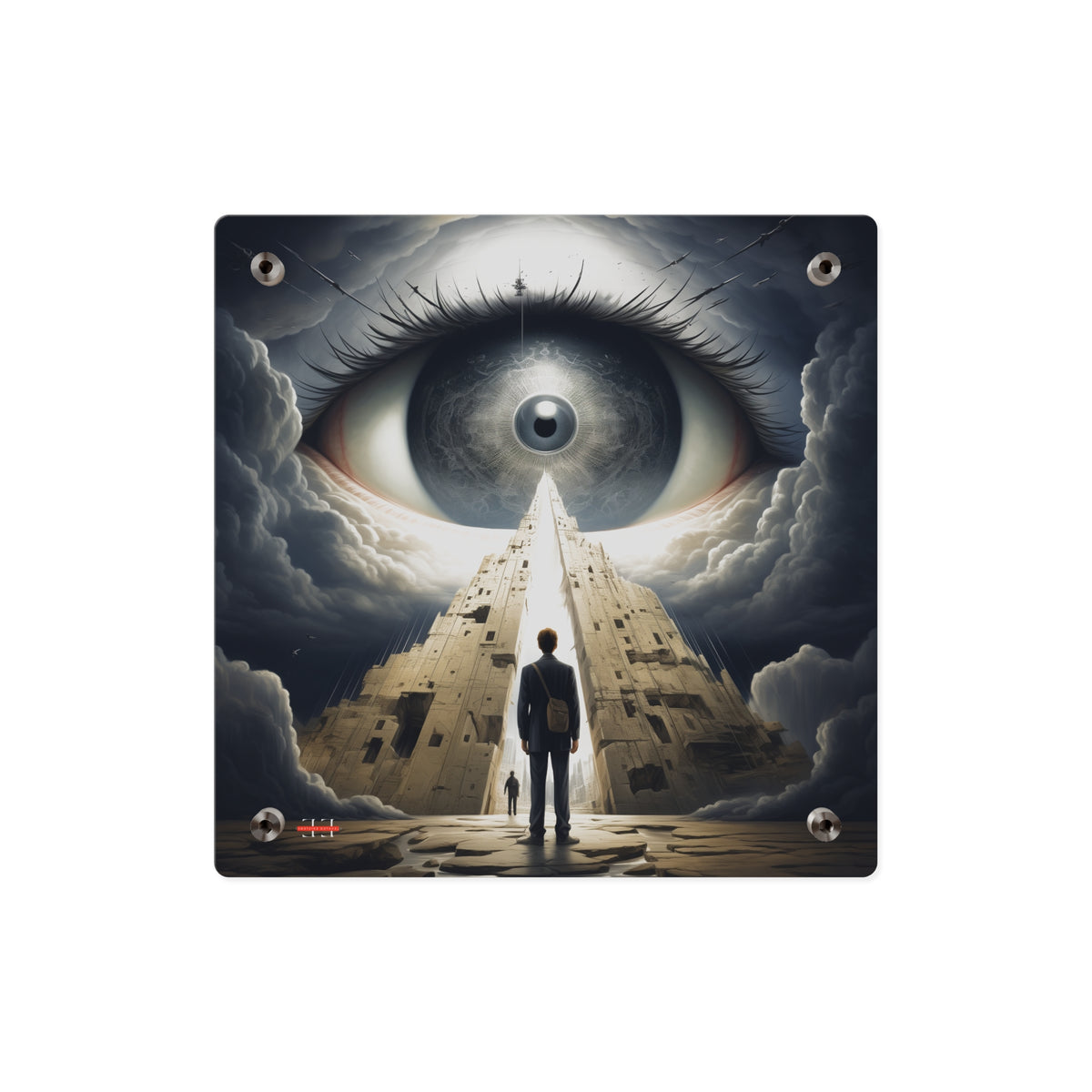 Acrylic wall art featuring a giant eye, towering futuristic architecture, and a lone figure in a suit.