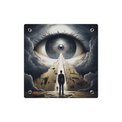 Acrylic wall art featuring a giant eye, towering futuristic architecture, and a lone figure in a suit.