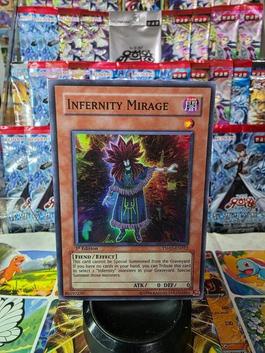 Infernity Mirage 1st Edition Super Rare Yu-Gi-Oh! card against a background of foil packs.