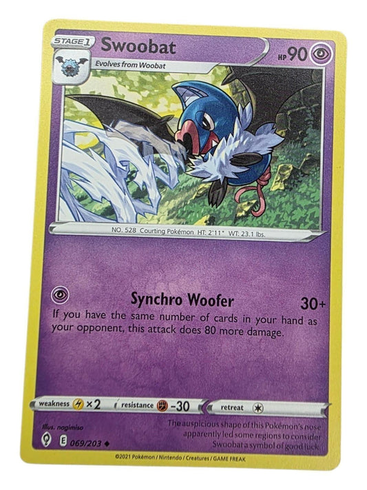 Swoobat Uncommon Pokémon card from the Evolving Skies expansion, featuring the Synchro Woofer attack.