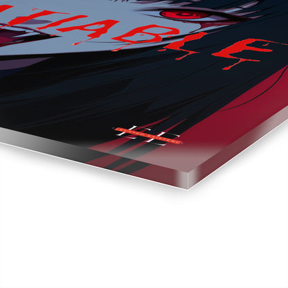 Angled view of the "INSATIABLE" acrylic art featuring anime style illustration with red text and glowing red eye.