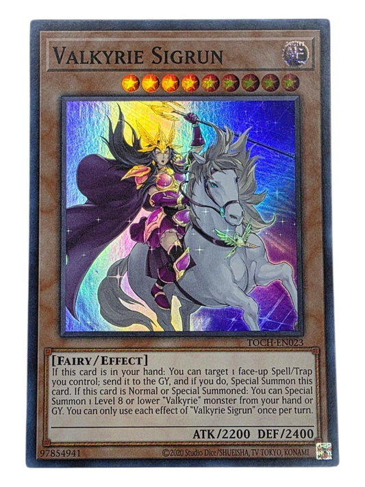 Valkyrie Sigrun Super Rare Yu-Gi-Oh! card showing a warrior on a horse with foil artwork.