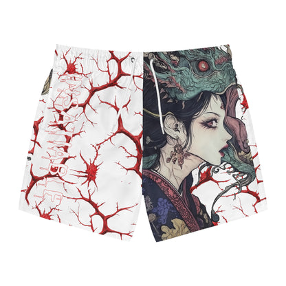 White swim trunks featuring red vein patterns on the left and an anime-style woman on the right.