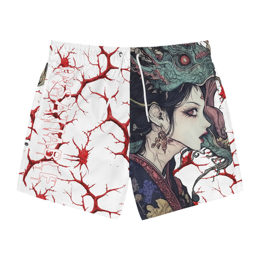 White swim trunks featuring red vein patterns on the left and an anime-style woman on the right.