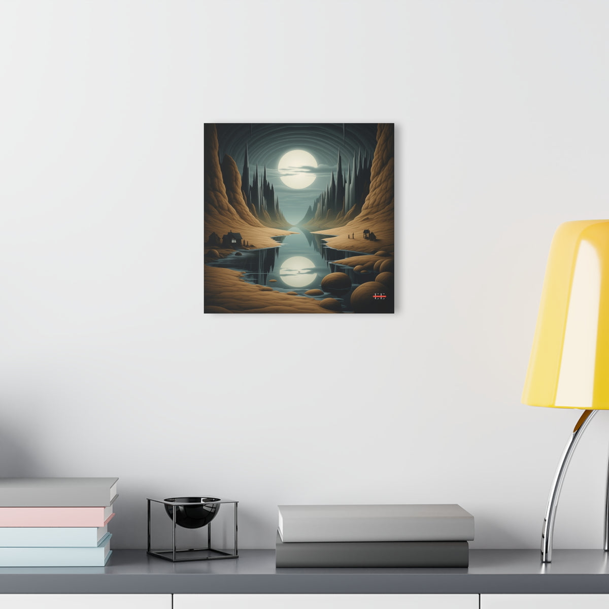 Square acrylic wall art depicting a dark fantasy landscape with a full moon over water, hanging on a white wall.