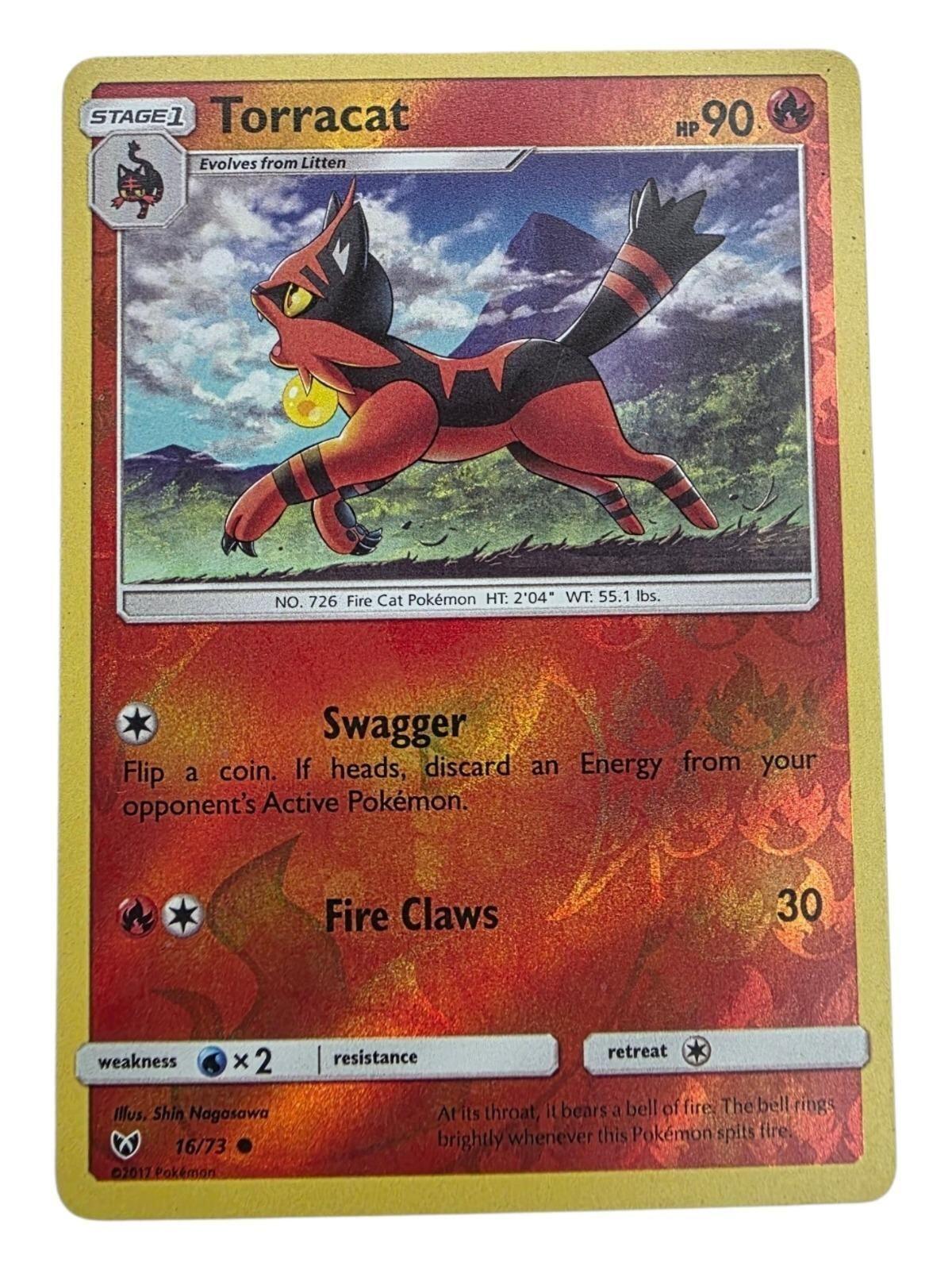 Torracat 16/73 Shining Legends Pokémon trading card featuring holographic foil finish.