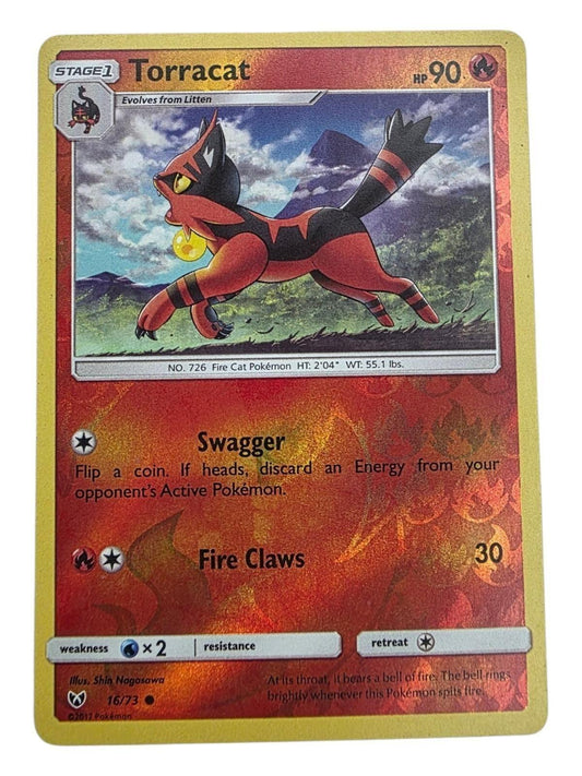 Torracat 16/73 Shining Legends Pokémon trading card featuring holographic foil finish.