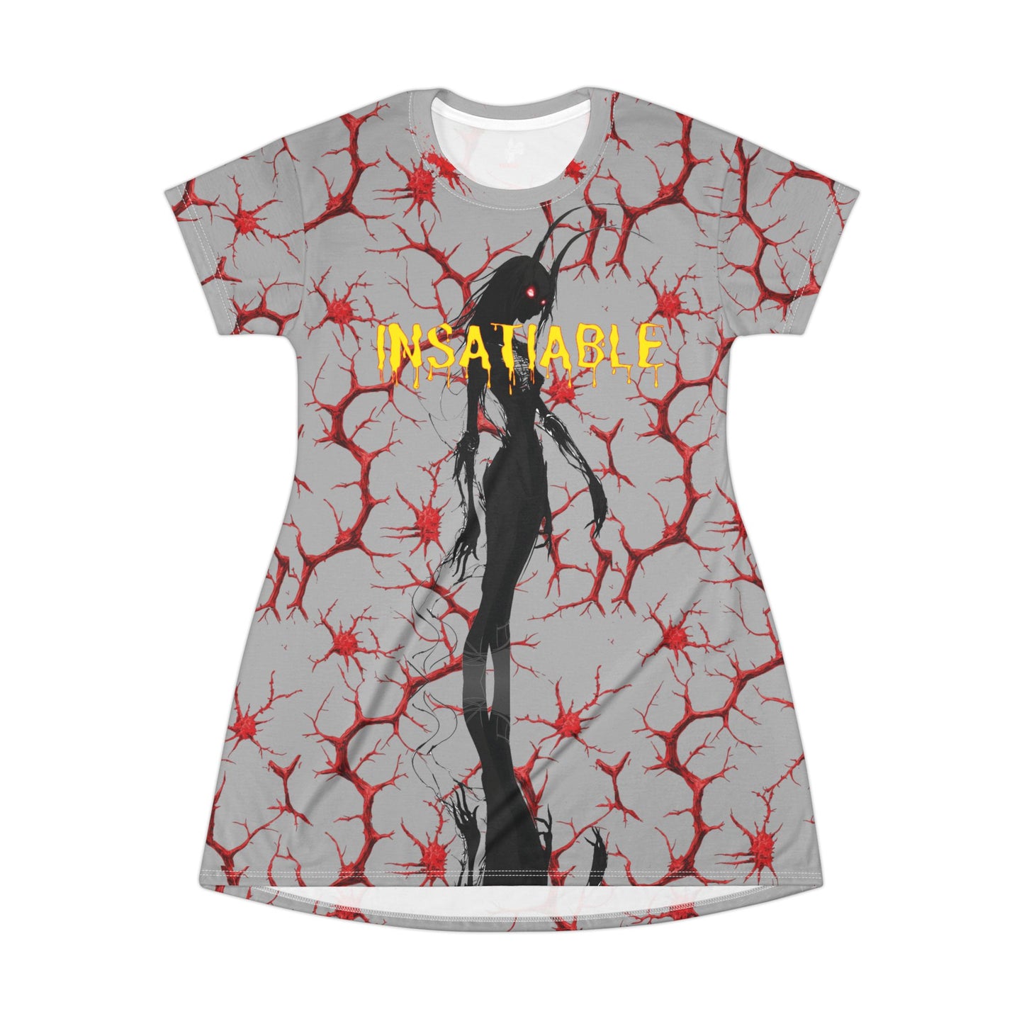 Grey t-shirt dress featuring a red branching vein pattern, a black horned figure, and yellow "INSATIABLE" text.