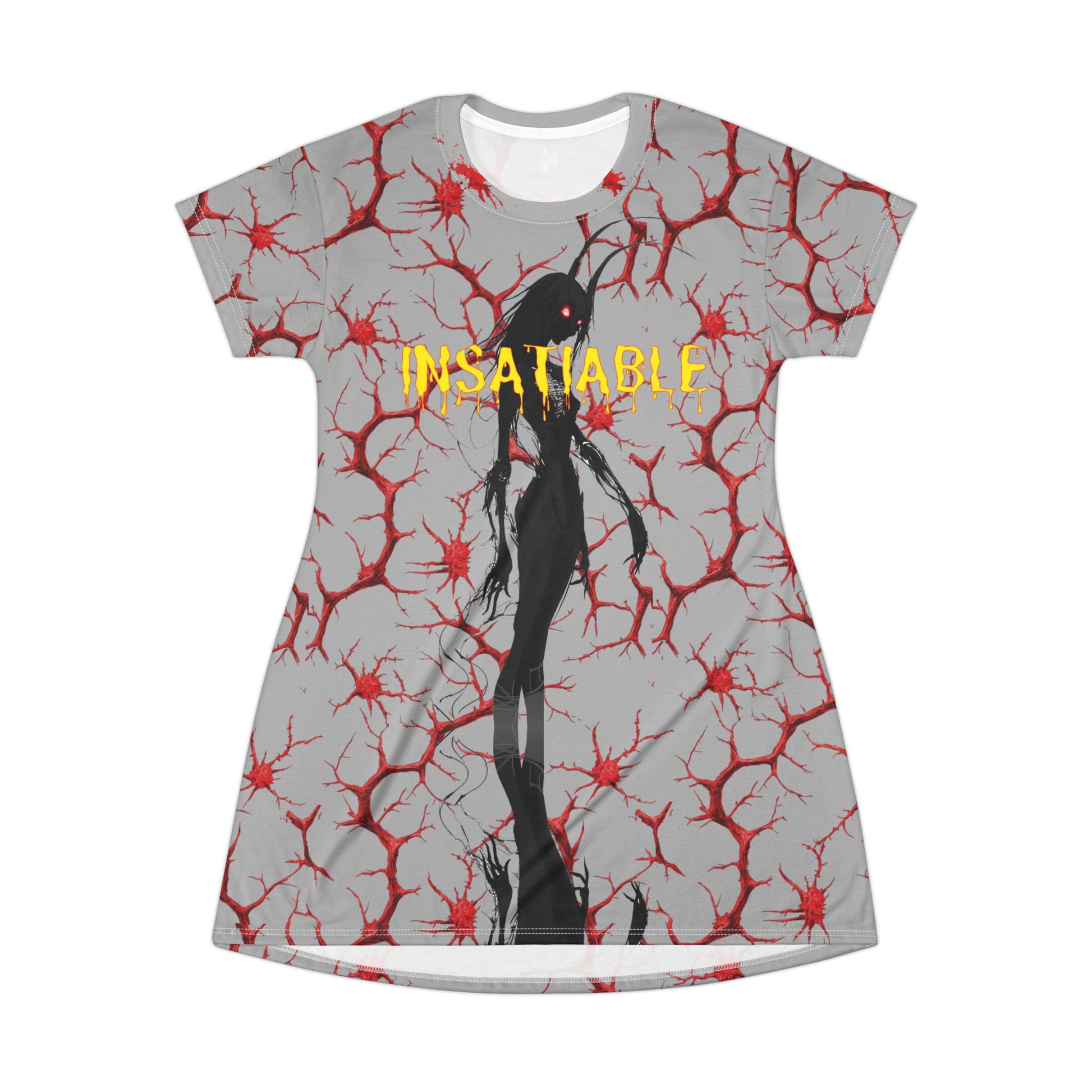 Grey t-shirt dress featuring a red branching vein pattern, a black horned figure, and yellow "INSATIABLE" text.