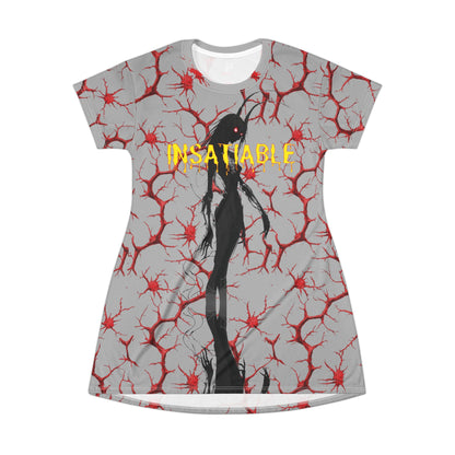 Grey t-shirt dress featuring a red branching vein pattern, a black horned figure, and yellow "INSATIABLE" text.