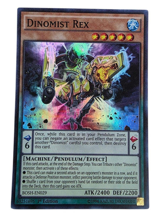 Dinomist Rex 1st Edition Super Rare Yu-Gi-Oh! card showing mechanical dinosaur art.