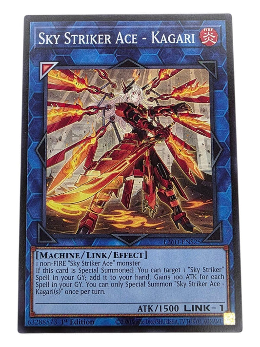 Sky Striker Ace - Kagari Yu-Gi-Oh! card with red-armored character and blue hexagonal border.