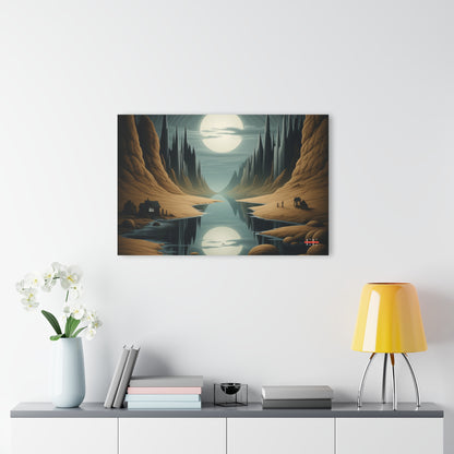 Reality 2.0 acrylic masterpiece featuring a surreal moonlit canyon landscape with a winding river and glowing full moon.